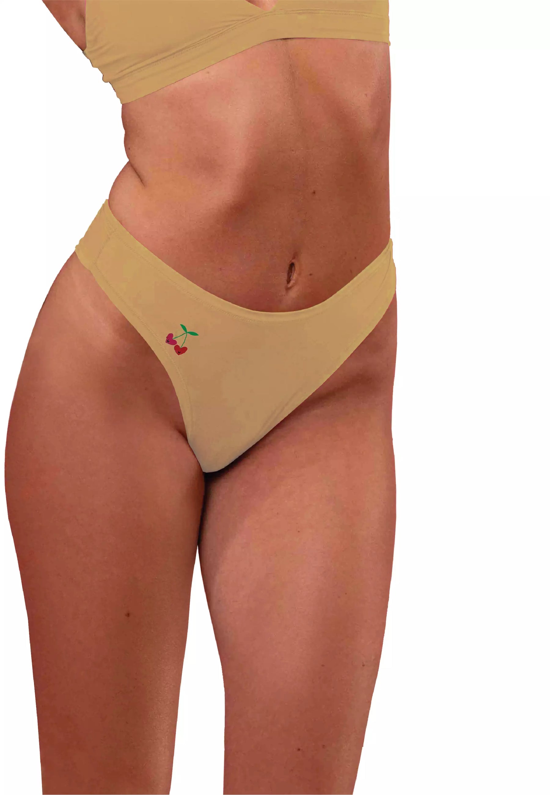 Cheeky Cherry leakproof bikini-style period underwear in a nude color, featuring a small cherry logo on the front. Designed for comfort, absorbency, and stylish period protection.